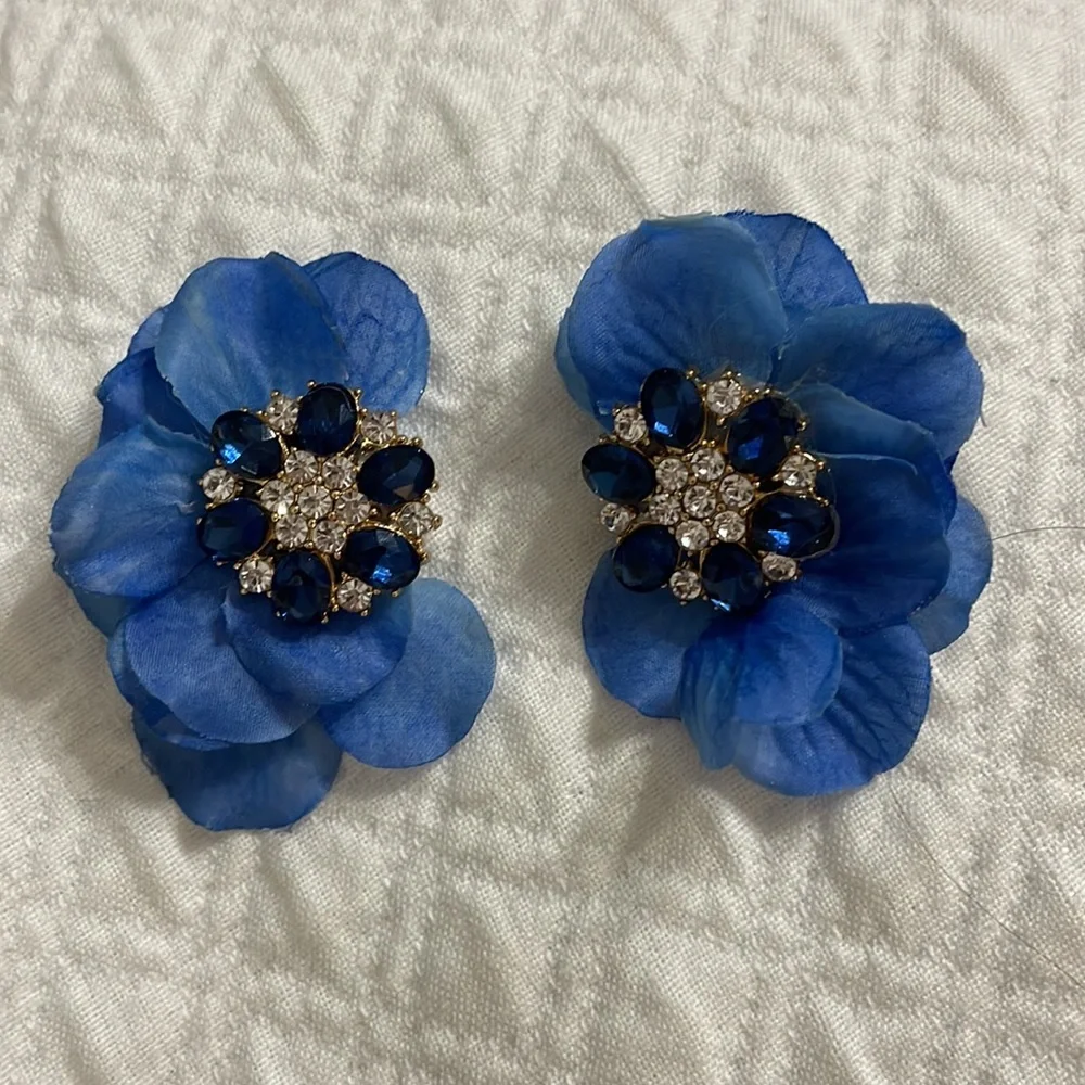 Navy blue lime green crystal flower statement beaded earrings Anthropologie OOAK